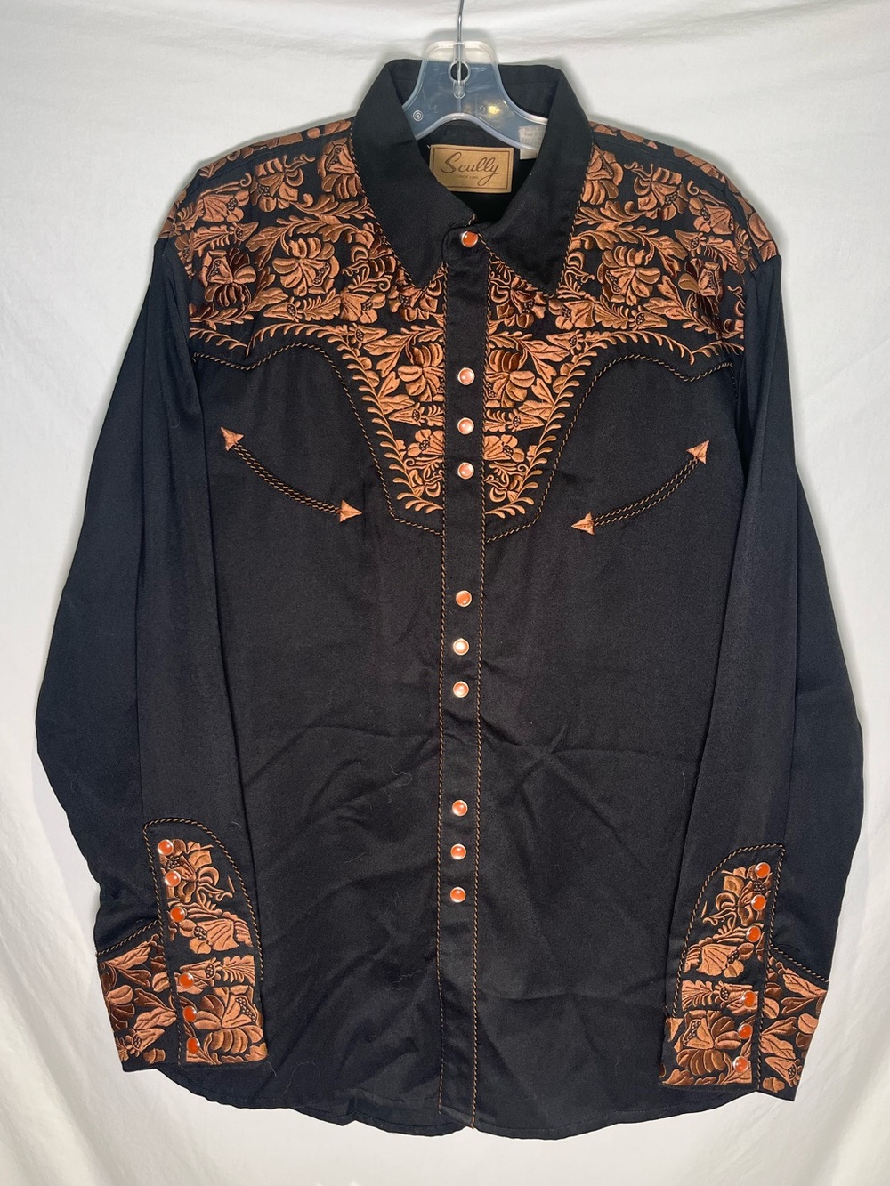 SCULLY GUNFIGHTER Western Shirt Floral Tooled Embroidered Snap Button Men’s L